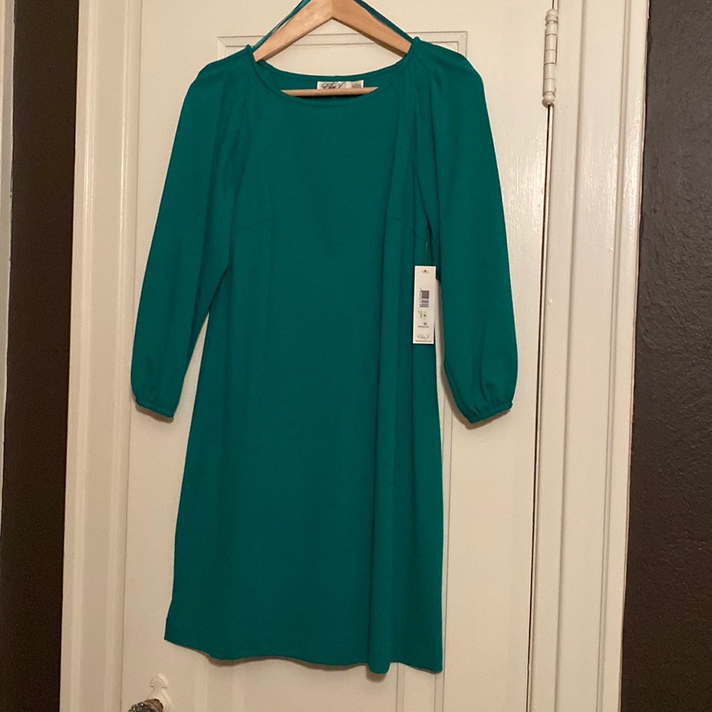 green dress, 3/4 sleeves, comfortable stretch knit.